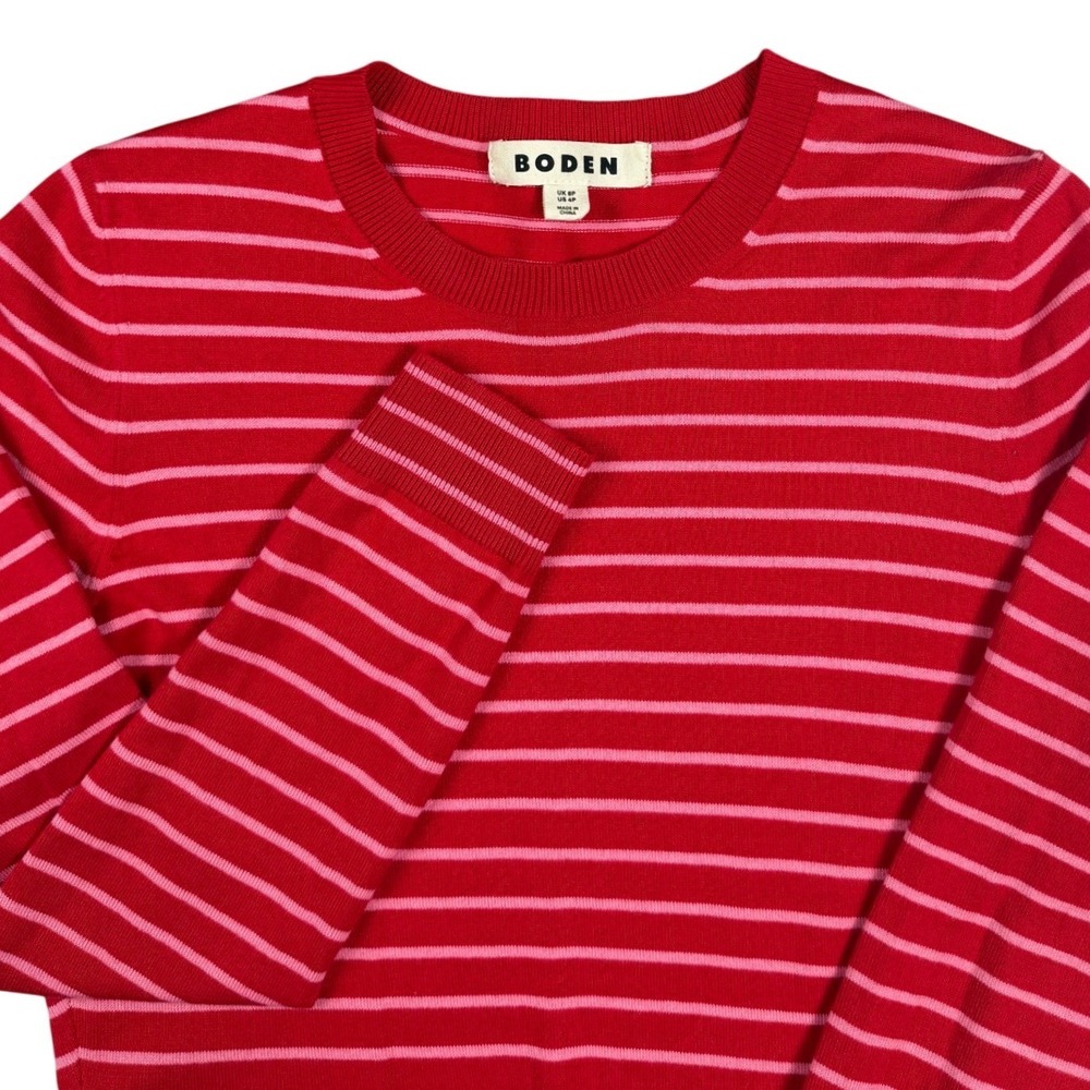Boden Red Pink Striped Knit Fit Flare Sweater Dress Womens 4P Petite Long Sleeve